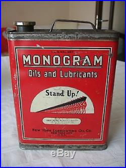Vintage Rare U. S. A. Monogram Motor Oil Tin Can Stand Up! New York City 1gallon