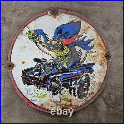 Vintage Rat Fink Mouse Old Us Gasoline Oil Gas Pump Enamel Porcelain Sign