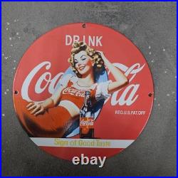 Vintage Red Coca Pinup Old Us Gasoline Oil Gas Pump Enamel Porcelain Sign