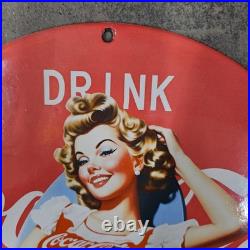 Vintage Red Coca Pinup Old Us Gasoline Oil Gas Pump Enamel Porcelain Sign