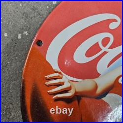 Vintage Red Coca Pinup Old Us Gasoline Oil Gas Pump Enamel Porcelain Sign