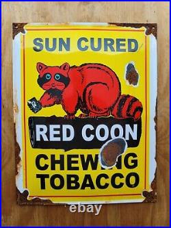 Vintage Red Coon Porcelain Sign Chewing Tobacco Cigar Pipe Cigarette Racoon