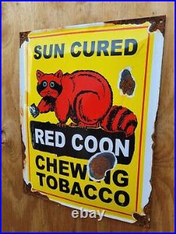 Vintage Red Coon Porcelain Sign Chewing Tobacco Cigar Pipe Cigarette Racoon
