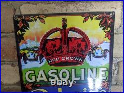 Vintage Red Crown Gasoline & Polarine Porcelain Gas Station Sign 12 X 8