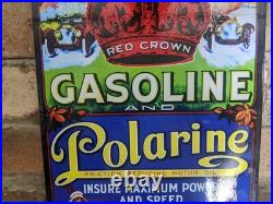 Vintage Red Crown Gasoline & Polarine Porcelain Gas Station Sign 12 X 8