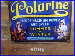 Vintage Red Crown Gasoline & Polarine Porcelain Gas Station Sign 12 X 8