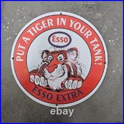 Vintage Red Esso Tiger Old Us Gasoline Oil Gas Pump Enamel Porcelain Sign