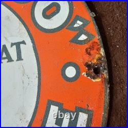 Vintage Red Hat Royal 400 Trade Mark Gasoline Oil Gas Pump Enamel Porcelain Sign