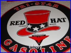 Vintage Red Hat Tri-star? Gasoline 11 3/4 Porcelain Metal Independent Oil Sign