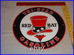 Vintage Red Hat Tri-star? Gasoline 11 3/4 Porcelain Metal Independent Oil Sign