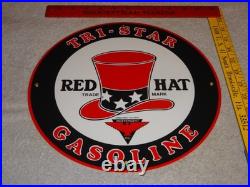 Vintage Red Hat Tri-star? Gasoline 11 3/4 Porcelain Metal Independent Oil Sign
