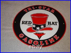 Vintage Red Hat Tri-star? Gasoline 11 3/4 Porcelain Metal Independent Oil Sign