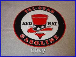 Vintage Red Hat Tri-star? Gasoline 11 3/4 Porcelain Metal Independent Oil Sign