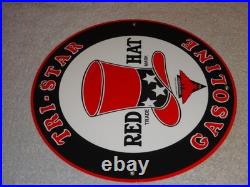 Vintage Red Hat Tri-star? Gasoline 11 3/4 Porcelain Metal Independent Oil Sign