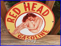 Vintage Red Head Gasoline Heavy Porcelain Sign 12 Gas & Oil Sign