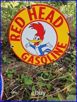 Vintage Red Head Gasoline Porcelain Woody Woodpecker Gas Oil Sign Vintage Red Head Gasoline Porcelain Woody Woodpecker Gas Oil Sign