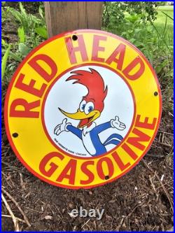 Vintage Red Head Gasoline Porcelain Woody Woodpecker Gas Oil Sign Vintage Red Head Gasoline Porcelain Woody Woodpecker Gas Oil Sign