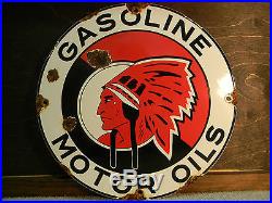 Vintage Red Indian Gasoline Porcelain Gas Sign Lubester Gulf Pump Rack Can Oil