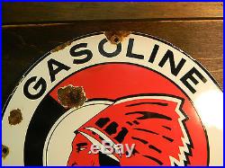Vintage Red Indian Gasoline Porcelain Gas Sign Lubester Gulf Pump Rack Can Oil