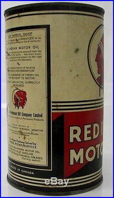 Vintage Red Indian MOTOR OIL 1 qt. Metal Tin Can Gasoline French Canada