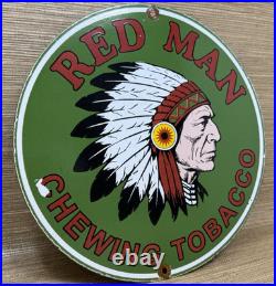 Vintage Red Man Chewing Tobacco Porcelain Sign Dealership Motor Gas Oil Chief Vintage Red Man Chewing Tobacco Porcelain Sign Dealership Motor Gas Oil Chief