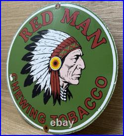 Vintage Red Man Chewing Tobacco Porcelain Sign Dealership Motor Gas Oil Chief Vintage Red Man Chewing Tobacco Porcelain Sign Dealership Motor Gas Oil Chief