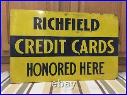 Vintage Richfield Credit Card Flange Sign Double Sided Metal Gas Oil Pump Can