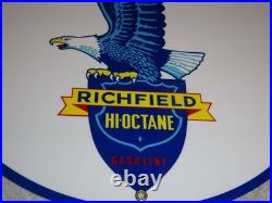 Vintage Richfield Eagle Hi Octane Gasoline 11 3/4 Porcelain Metal Gas Oil Sign