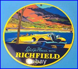 Vintage Richfield Gas Oil Porcelain Pump Plate Service Station 11 3/4 Ad Sign