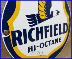 Vintage Richfield Gasoline Porcelain Sign Gas Station Pump Plate Motor Oil Vintage Richfield Gasoline Porcelain Sign Gas Station Pump Plate Motor Oil