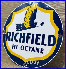 Vintage Richfield Gasoline Porcelain Sign Gas Station Pump Plate Motor Oil Vintage Richfield Gasoline Porcelain Sign Gas Station Pump Plate Motor Oil