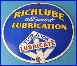 Vintage Richlube Gasoline Sign Lubricate Engine Gas Oil Pump Porcelain Sign