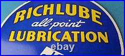 Vintage Richlube Gasoline Sign Lubricate Engine Gas Oil Pump Porcelain Sign