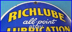 Vintage Richlube Gasoline Sign Lubricate Engine Gas Oil Pump Porcelain Sign