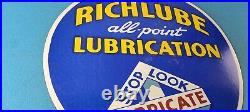 Vintage Richlube Gasoline Sign Lubricate Engine Gas Oil Pump Porcelain Sign