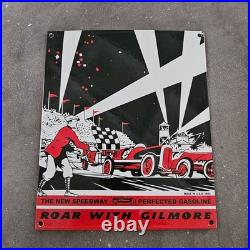 Vintage Road With Gilmore Car Old Us Gasoline Oil Gas Pump Enamel Porcelain Sign