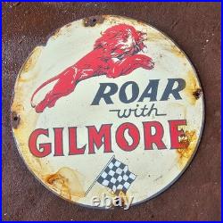 Vintage Road With Gilmore Lion Gasoline Oil Gas Pump Enamel Porcelain Sign