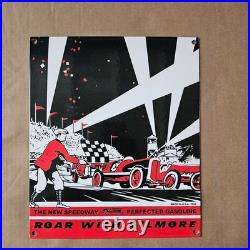 Vintage Roar With Gilmore Old Us Gasoline Oil Gas Pump Enamel Porcelain Sign