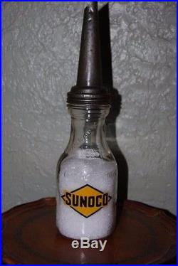 Vintage SUNOCO One Quart Motor Oil Bottle, MK Inc. Co. Metal Spout