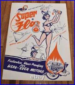 Vintage SUPER FLO WEAR EVER Motors GAS OIL Advertising Poster SIGN ROCKET LADY