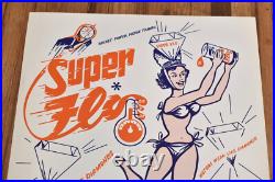 Vintage SUPER FLO WEAR EVER Motors GAS OIL Advertising Poster SIGN ROCKET LADY