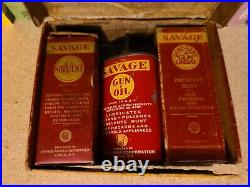 Vintage Savage Arms Gun Cleaning Kit Oil Solvent Grease Box Tin Can Complete Set