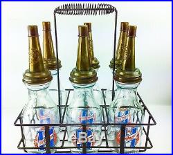 Vintage Set lot of 6 Motor Oil Bottles Jars Spout & Wire Carrier Huffman racing
