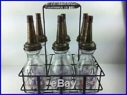 Vintage Set lot of 6 Motor Oil Bottles Jars Spout & Wire Carrier Huffman racing