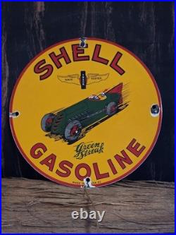 Vintage Shell Gasoline Green Streak Porcelain Sign Race Car Motor Oil 10