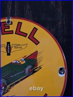 Vintage Shell Gasoline Green Streak Porcelain Sign Race Car Motor Oil 10