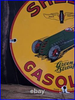 Vintage Shell Gasoline Green Streak Porcelain Sign Race Car Motor Oil 10