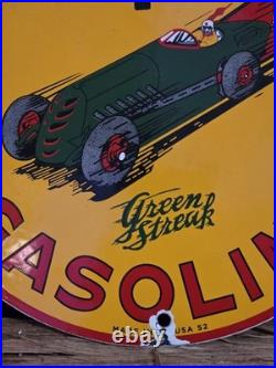 Vintage Shell Gasoline Green Streak Porcelain Sign Race Car Motor Oil 10