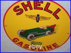 Vintage Shell Green Streak Gasoline & Race Car 11 3/4 Porcelain Metal Oil Sign