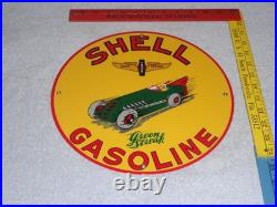 Vintage Shell Green Streak Gasoline & Race Car 11 3/4 Porcelain Metal Oil Sign